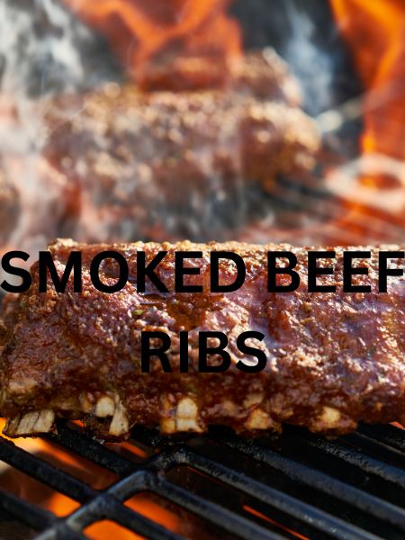 Close-up of perfectly smoked beef ribs with a caramelized crust on a cutting board." "Juicy and tender smoked beef ribs served with barbecue sauce on the side." "Beef ribs cooking on a smoker with a rich smoky glaze forming on the surface." "Sliced smoked beef ribs revealing a juicy and tender interior." "Barbecue smoker with beef ribs being cooked low and slow to perfection." "Plate of smoked beef ribs garnished with fresh herbs and served with sides." "Golden-brown smoked beef ribs resting after being taken off the smoker." "Step-by-step preparation of smoked beef ribs, from rub application to slicing." "Thick, meaty beef ribs with a smoky crust displayed on a wooden board." "Smoked beef ribs ready to serve with barbecue tools in the background