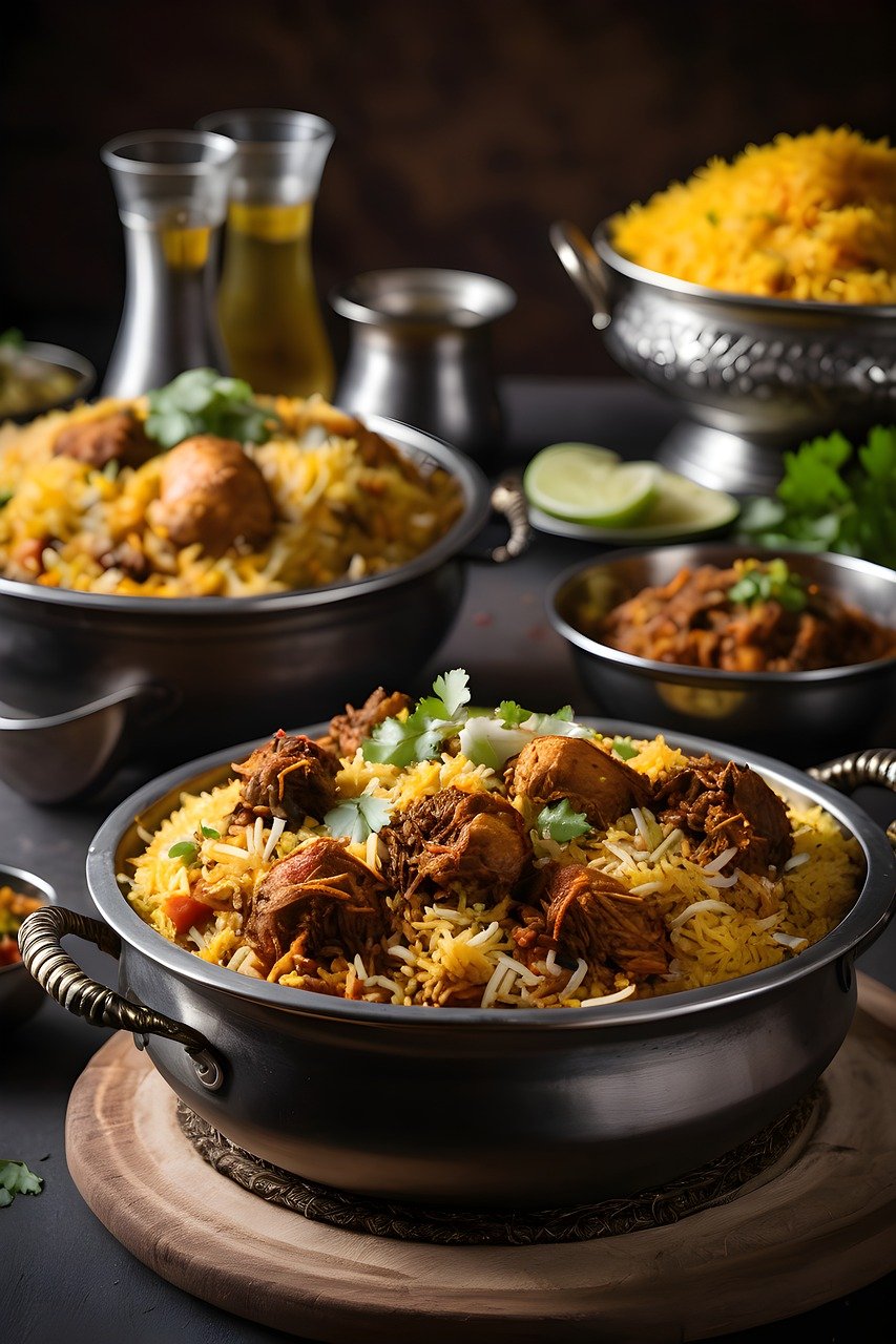 Layered maqlooba dish showcasing colorful vegetables, tender meat, and rice, all inverted to reveal a beautifully presented meal, garnished with fresh herbs.