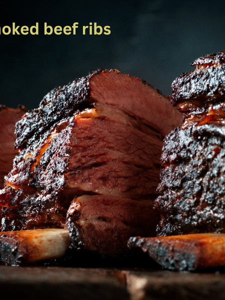 Raw Beef Ribs with Seasoning: "Raw beef ribs on a cutting board, seasoned with a blend of salt, pepper, and paprika, ready for smoking." Smoker Setup: "A pellet smoker preheated to 250Β°F with wood chips and a water pan inside for optimal smoking." Beef Ribs on Smoker: "Beef ribs smoking on a grill, with a rich bark forming on the surface." Spritzing the Ribs: "Spritzing beef ribs with apple cider vinegar during the smoking process to enhance moisture." Wrapped Beef Ribs: "Beef ribs wrapped in butcher paper to retain moisture during the final cooking stages." Sliced Beef Ribs: "Juicy smoked beef ribs sliced between the bones, revealing tender, smoky meat." Beef Ribs with Side Dishes: "Smoked beef ribs served with coleslaw, cornbread, and grilled vegetables on a rustic plate." Close-Up of Rib Bark: "A close-up of perfectly caramelized bark on smoked beef ribs, highlighting texture and color."