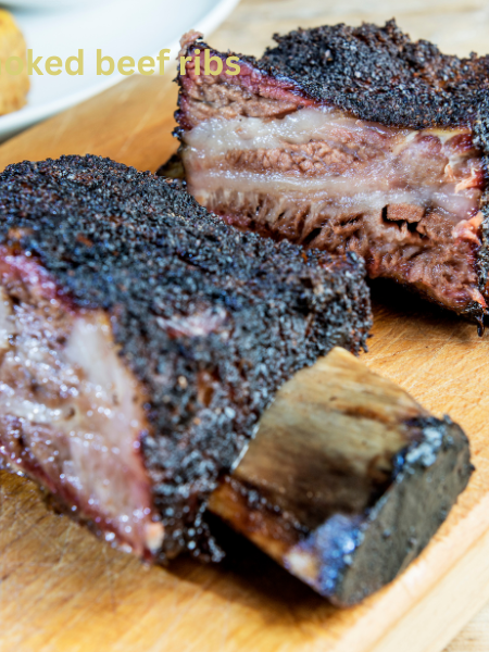 "Perfectly smoked beef ribs with a rich bark, juicy interior, and garnished with fresh herbs, served on a rustic wooden board with BBQ sides."