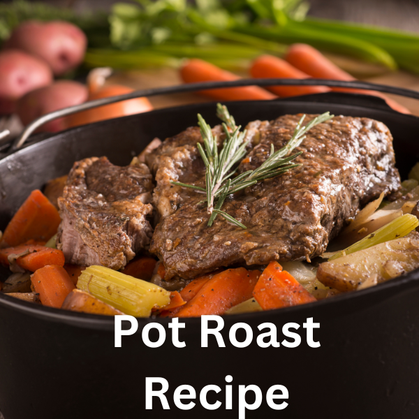 slow-cooked classic featuring a perfectly browned chuck roast paired with aromatic vegetables and a rich