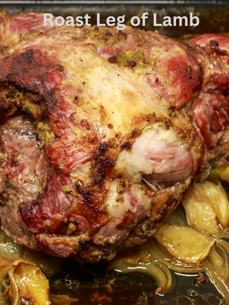 Greek-style roast leg of lamb garnished with fresh rosemary and lemon wedges, served alongside crispy lemony potatoes on a festive Easter table.