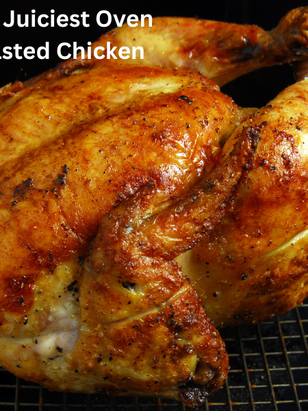 Golden brown oven-roasted chicken on a serving platter garnished with fresh rosemary and lemon slices.