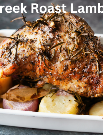 Greek-style roast leg of lamb with garlic, lemon, and herbs served with roasted potatoes.
