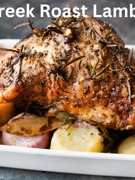 Greek-style roast leg of lamb with garlic, lemon, and herbs served with roasted potatoes.