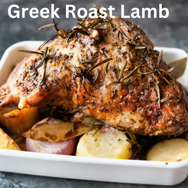 Greek-style roast leg of lamb with garlic, lemon, and herbs served with roasted potatoes.