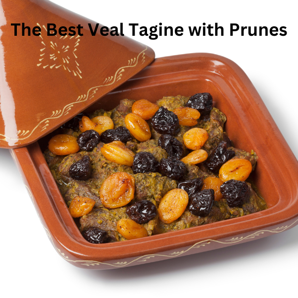 Authentic Moroccan veal tagine with prunes, almonds, and sesame seeds served in a traditional clay dish